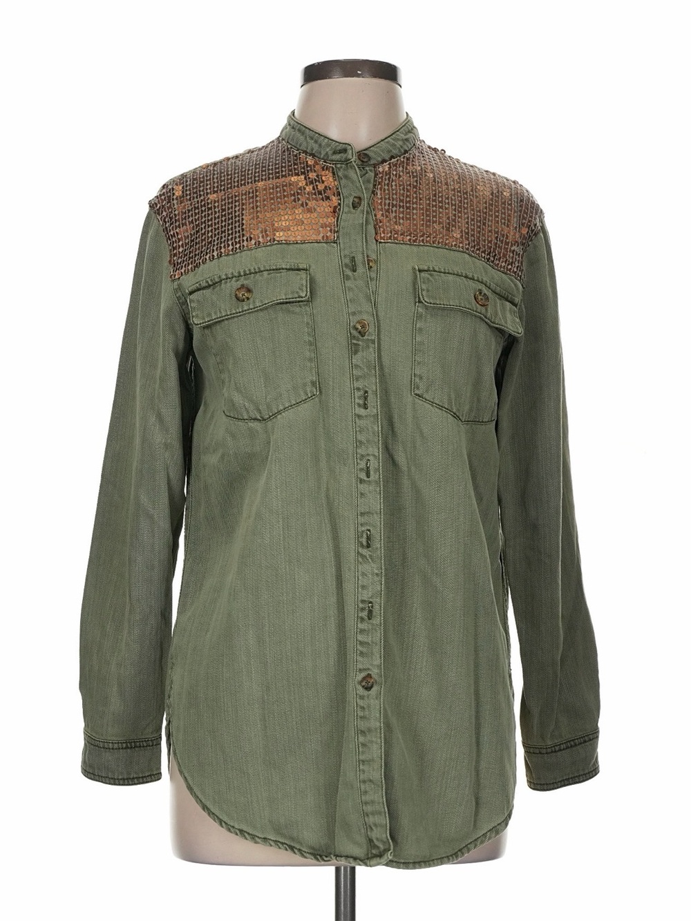 Anthropologie Olive Green Button-Front Top with Copper Sequin Shoulders